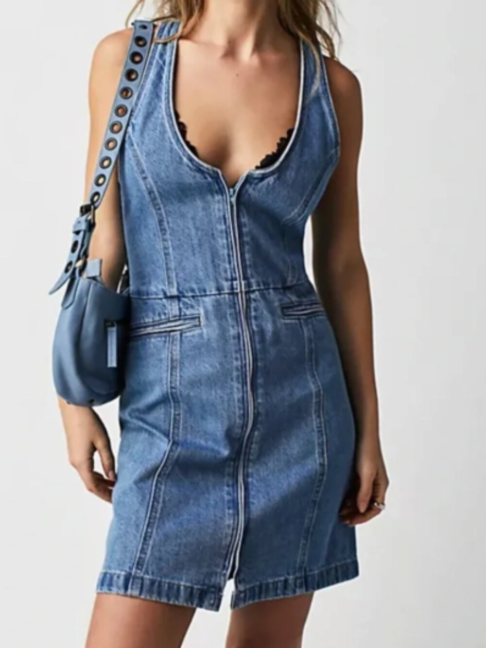 Rio Light Wash Sleeveless Zip-Front Denim Mini Dress Sz S
